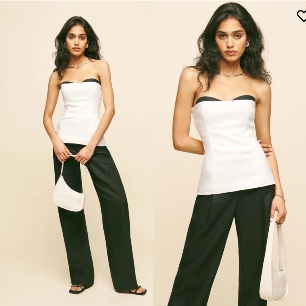 REFORMATION Ayda Linen Top White and Black Strapless Size 6